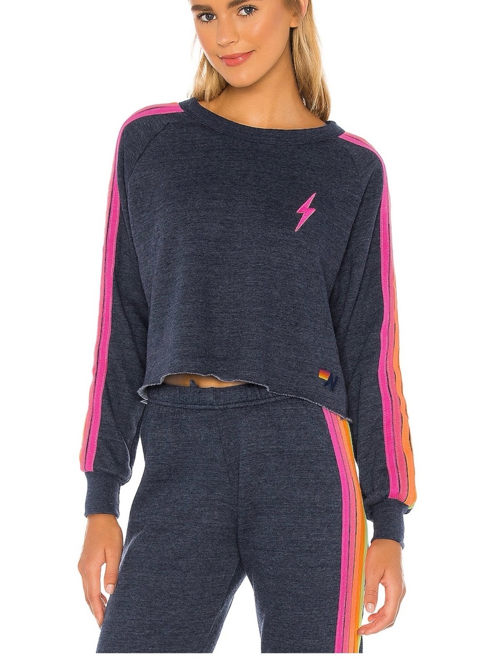 Aviator Nation Navy Sweatshirt with Pink & Orange Neck Stripe and Yellow Logo